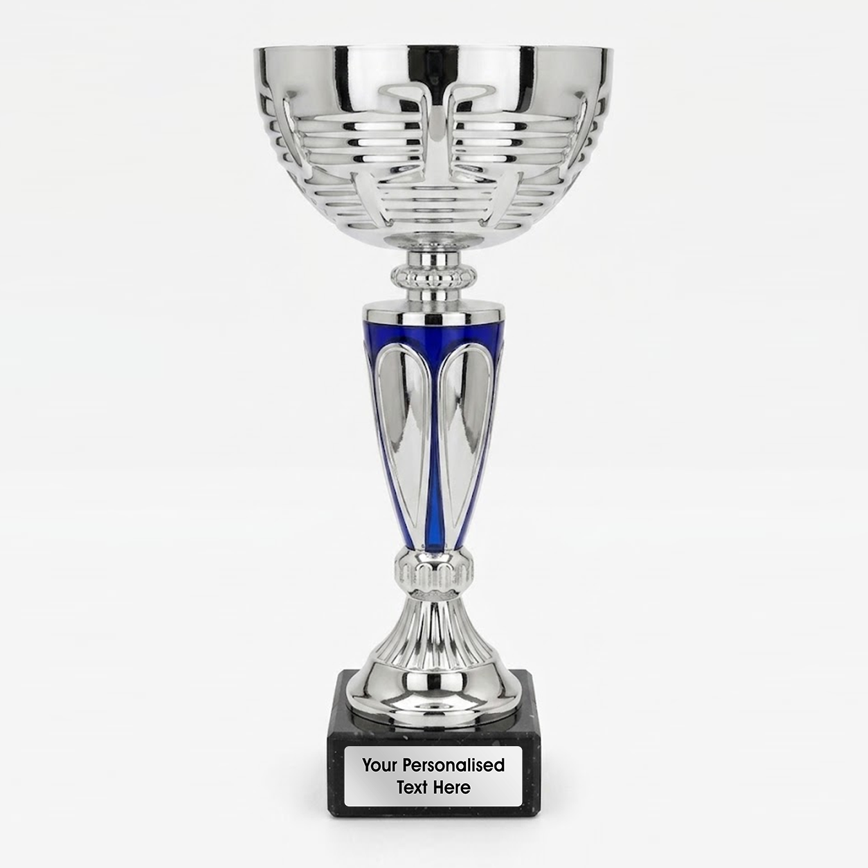Silver Cup Trophy with Blue Accent and Patterned Bowl