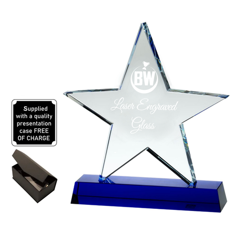Stylish Lasered Star-shaped Glass Award on Blue Base (JB1400A/B/C)