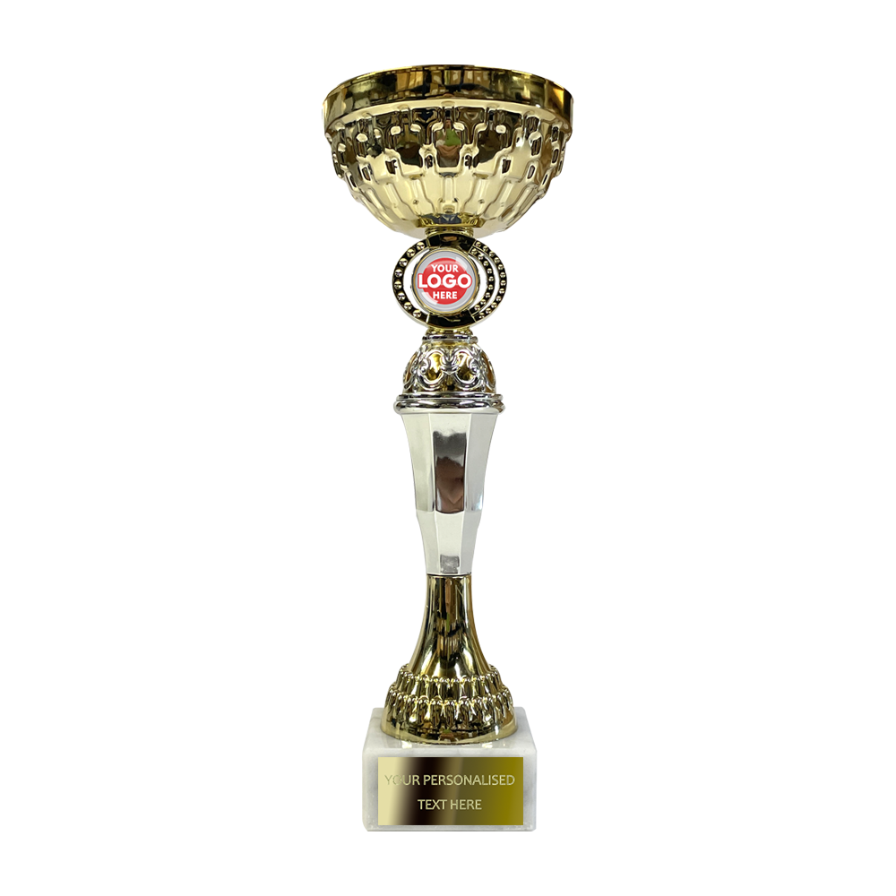 Stylish Golden Cup on White Marble Base (345B) BW Trophies