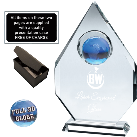 Premiere Lasered Glass Award with 3D Blue Globe (JB2050A/B/C)