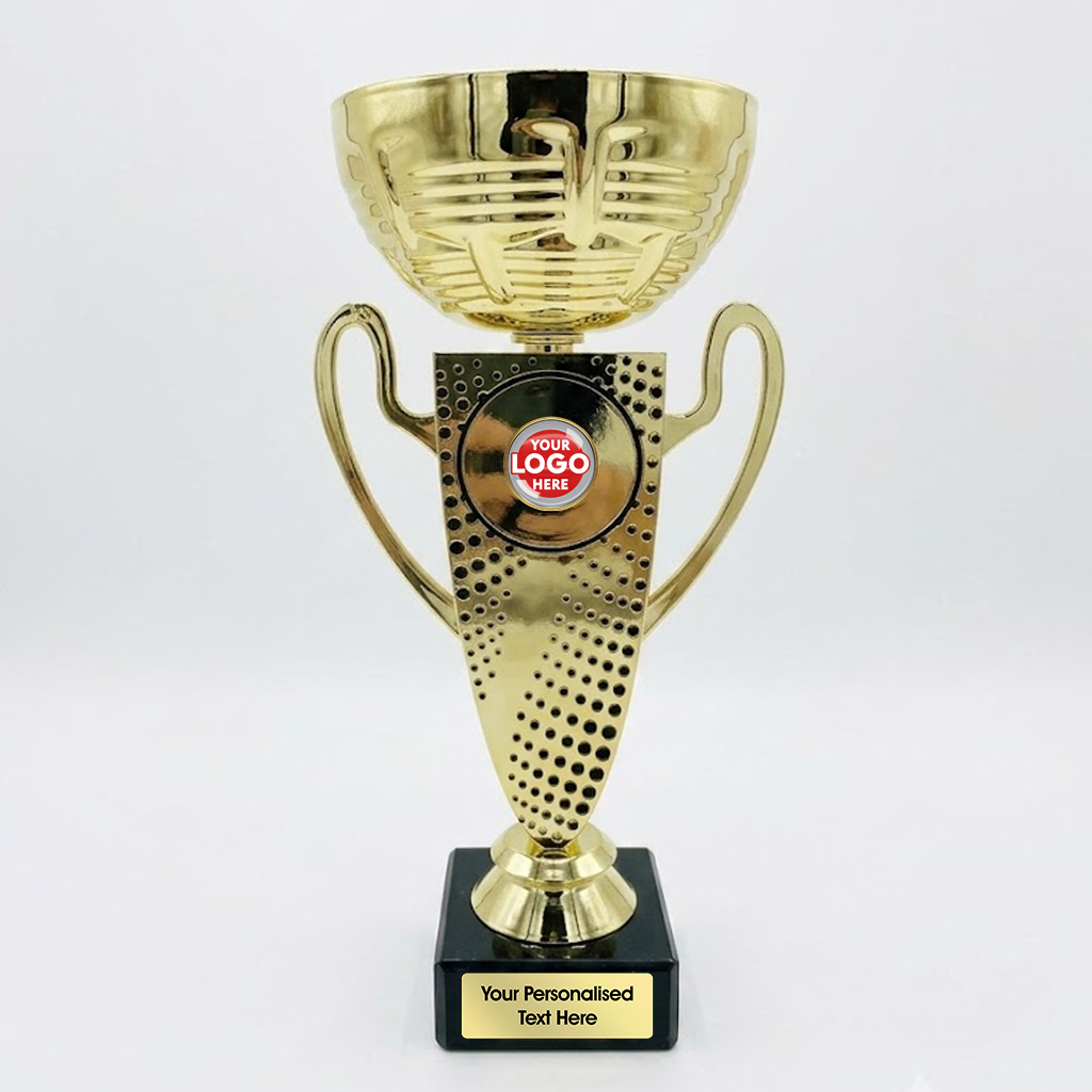 Gold Cup Trophy with Decorative Trim and Embossed Black Dots