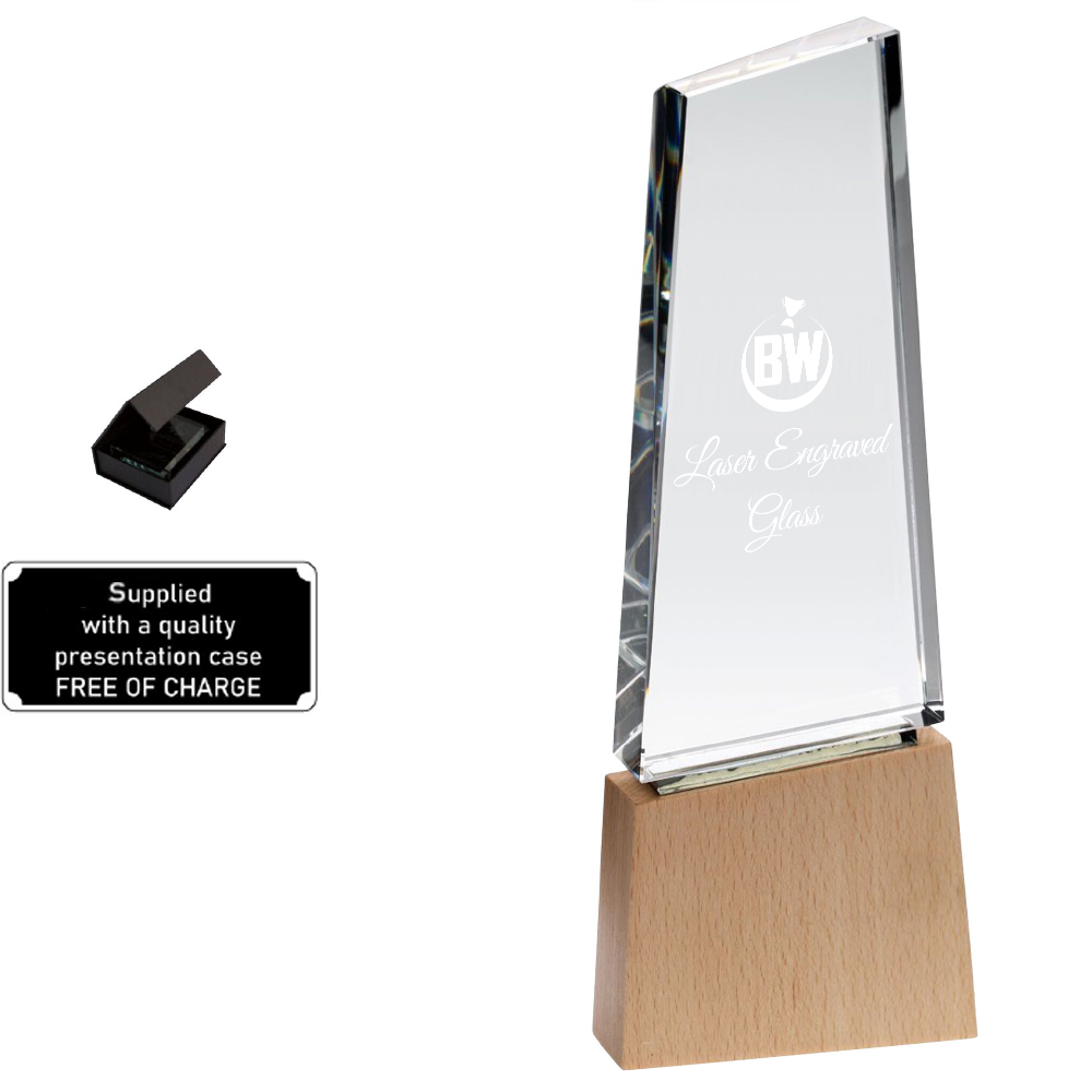 Stylish Thick Lasered Glass on Wooden Base (GW03A/B/C) BW Trophies