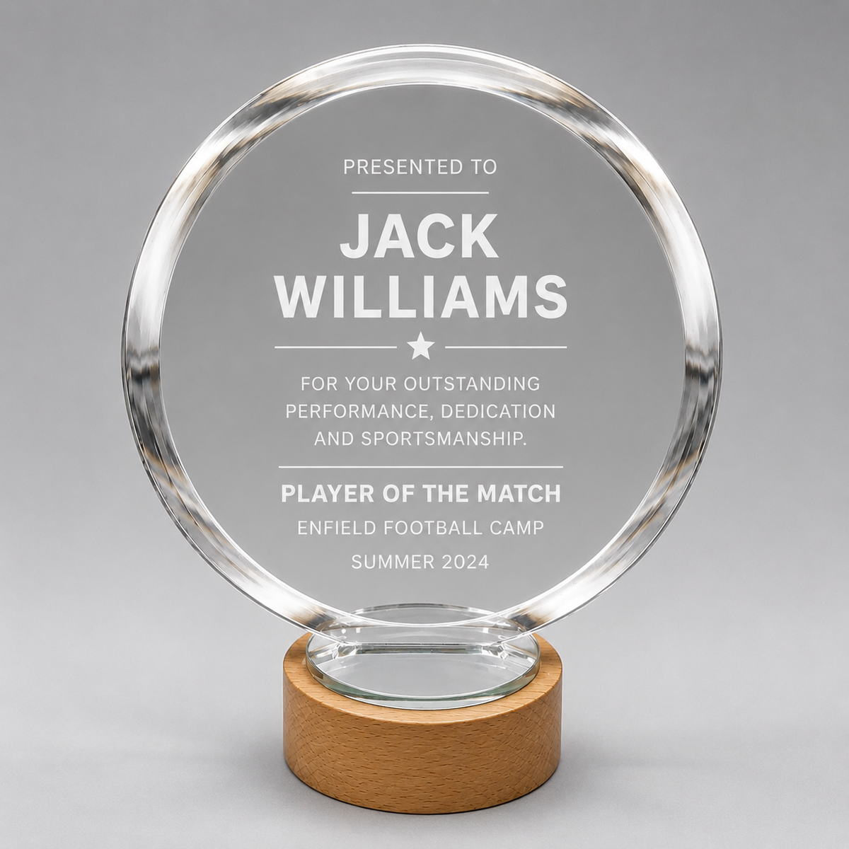 Lasered Circular Glass Trophy Award on a Wooden Base