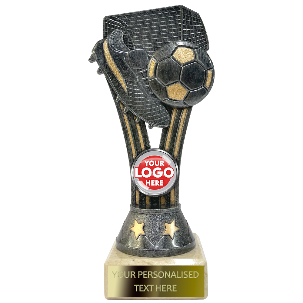 IO - Boot & Ball Antique Silver/Gold Football Trophy With Logo (TYF210A) BW Trophies