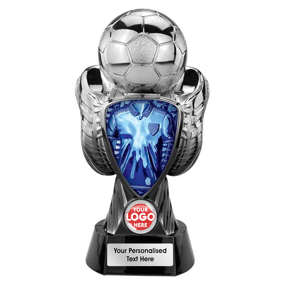 Football Silver Boot & Ball Trophy with Blue Shirt Centre (PA26090A/B/C/D/E)