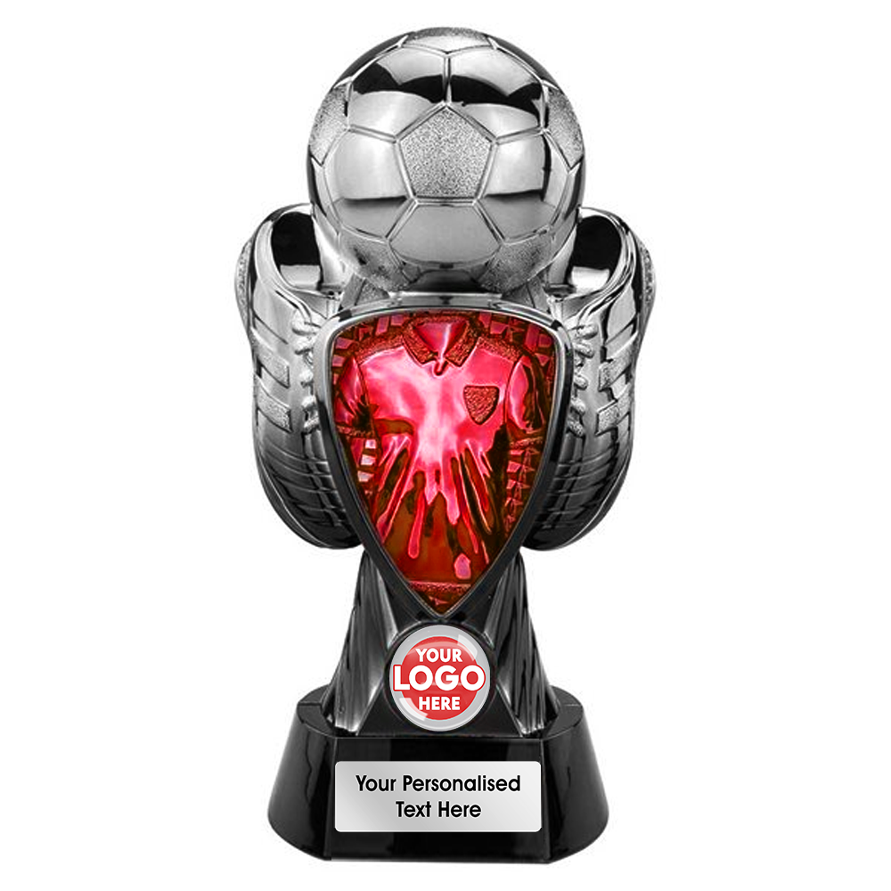 Football Silver Boot & Ball Trophy with Red Shirt Centre (PA26091A/B/C/D/E)