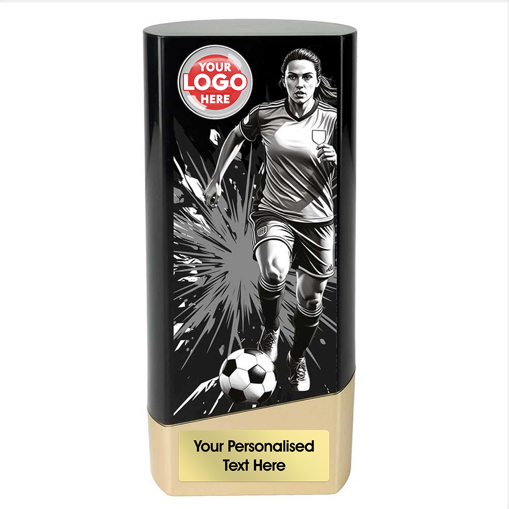 Black & Gold Female Footballer Prime Block Trophy (PK26237A/B) BW Trophies