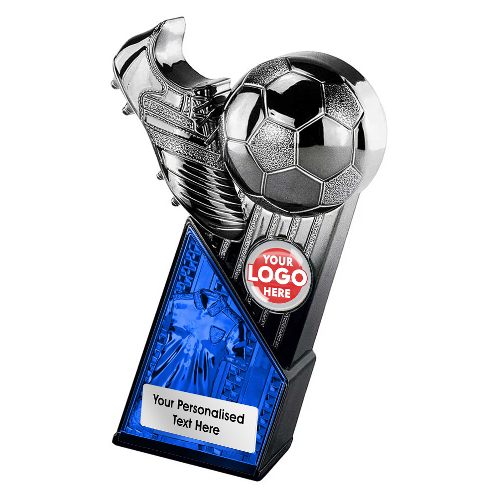 Football Silver Boot & Ball Trophy with Blue Shirt Centre (PX26082A/B/C/D/E) BW Trophies