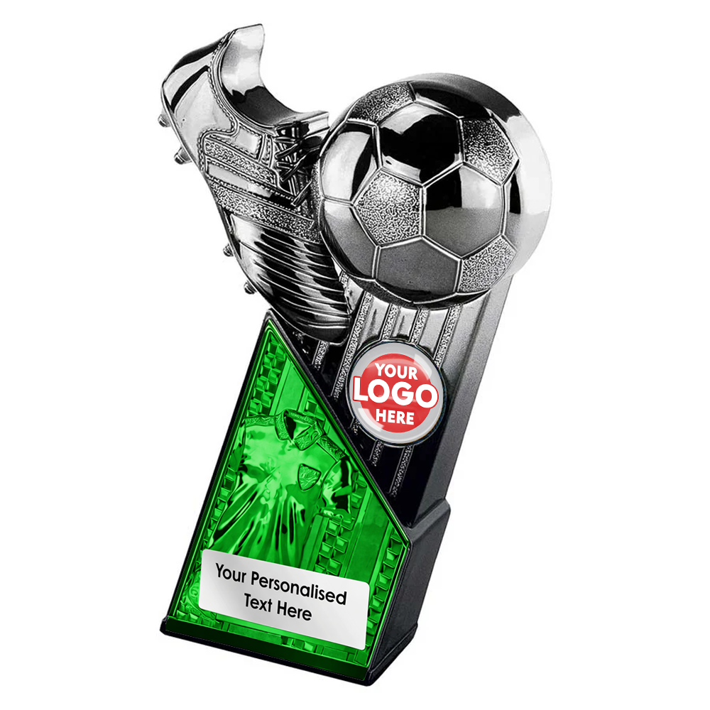 Football Silver Boot & Ball Trophy with Green Shirt Centre (PX26084A/B/C/D/E) BW Trophies