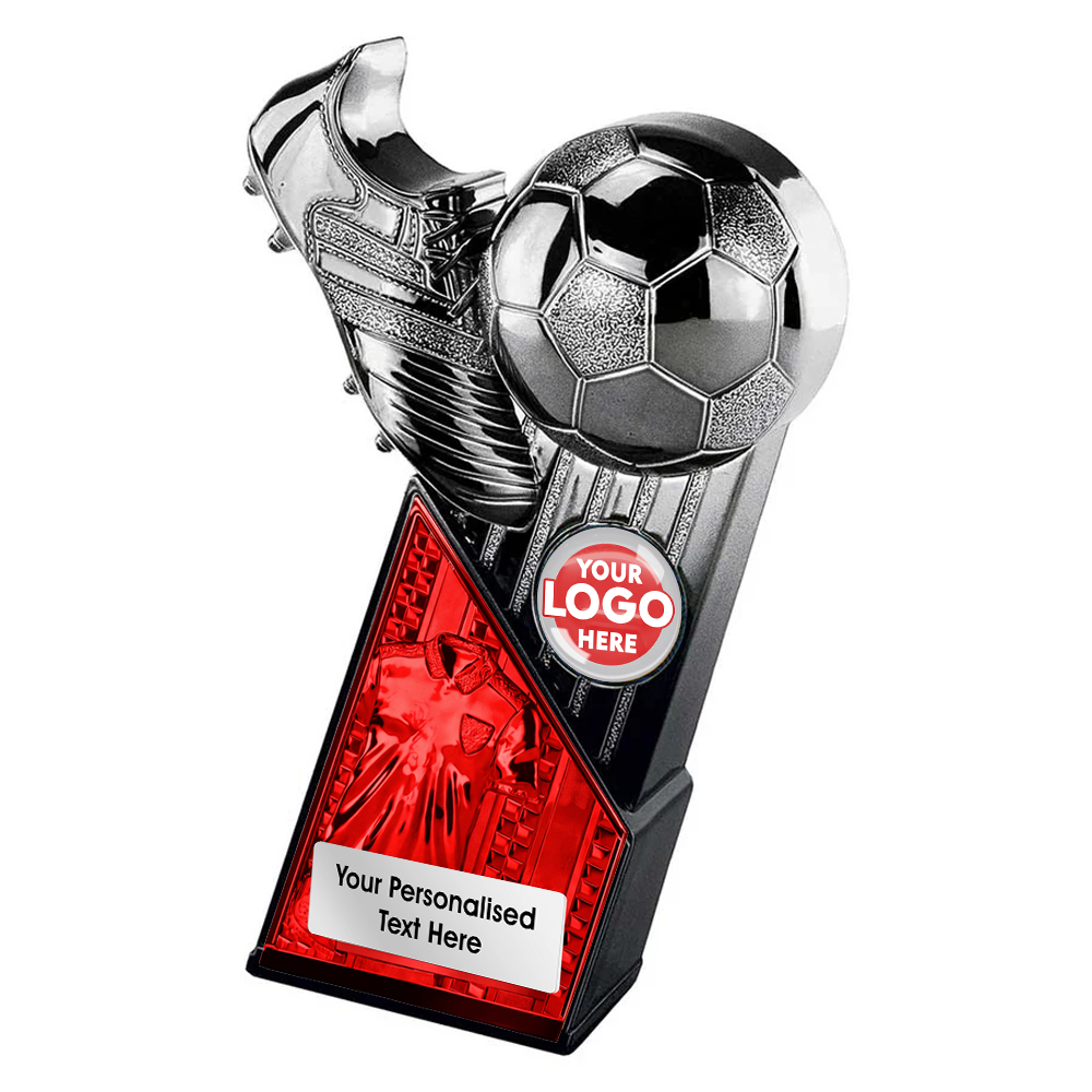 Football Silver Boot & Ball Trophy with Red Shirt Centre (PX26083A/B/C/D/E) BW Trophies