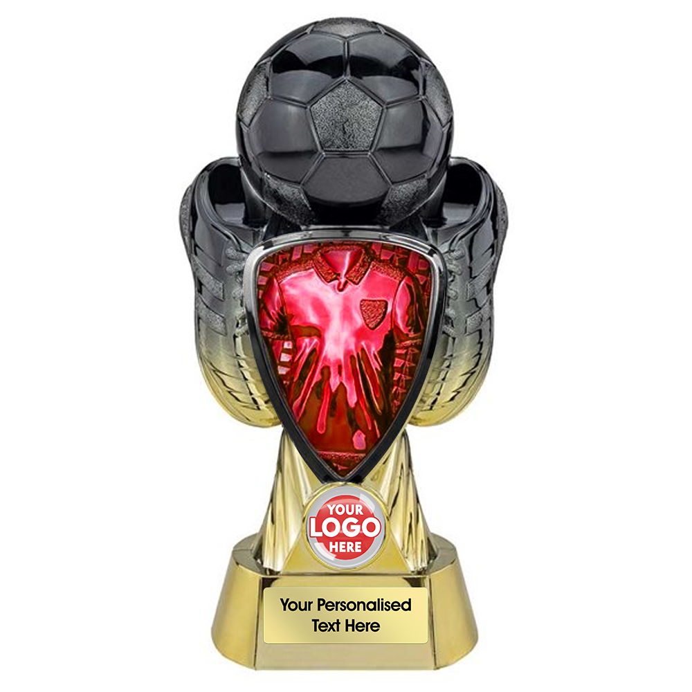 Football Two-Tone Black & Gold Boot & Ball Trophy with Red Shirt Centre (PX26091A/B/C/D/E) BW Trophies