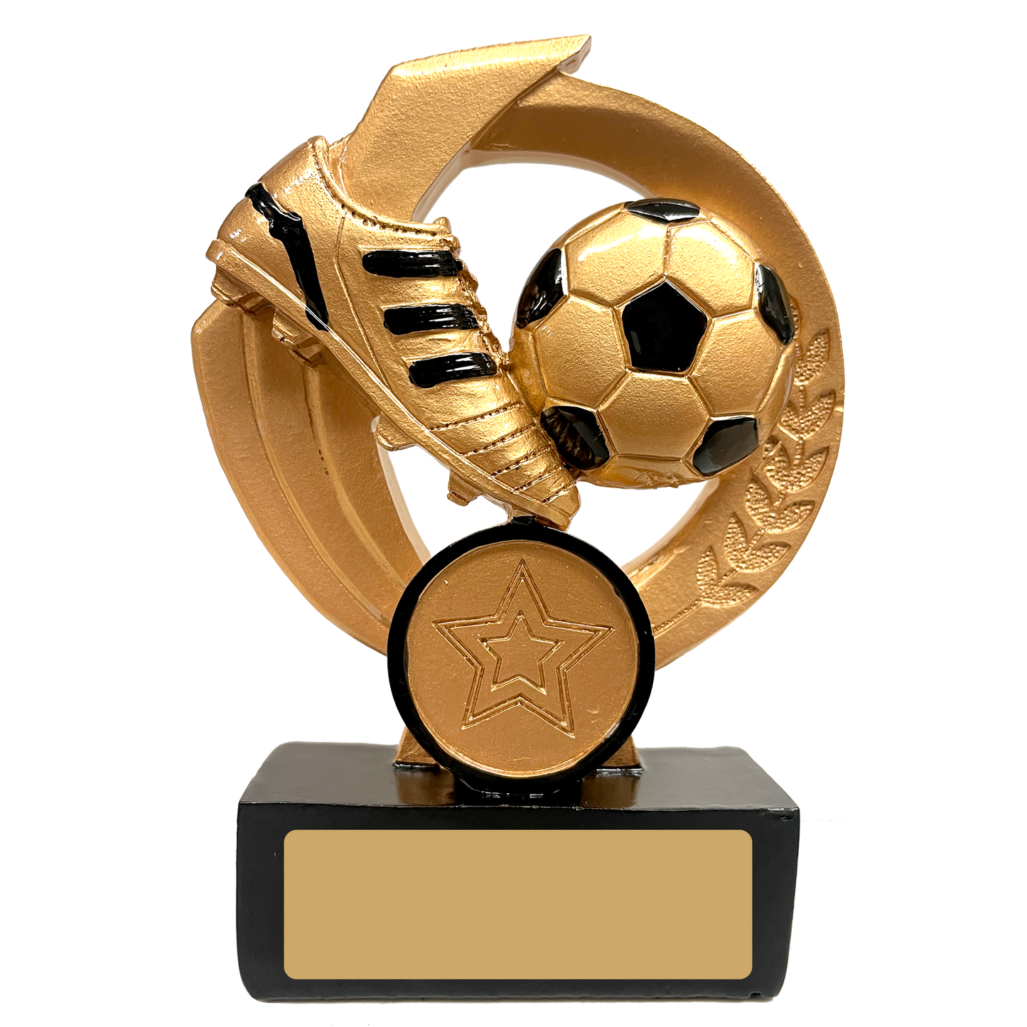 IO - Gold and Black Football And Boot On Round Wreath (RF941a) BW Trophies