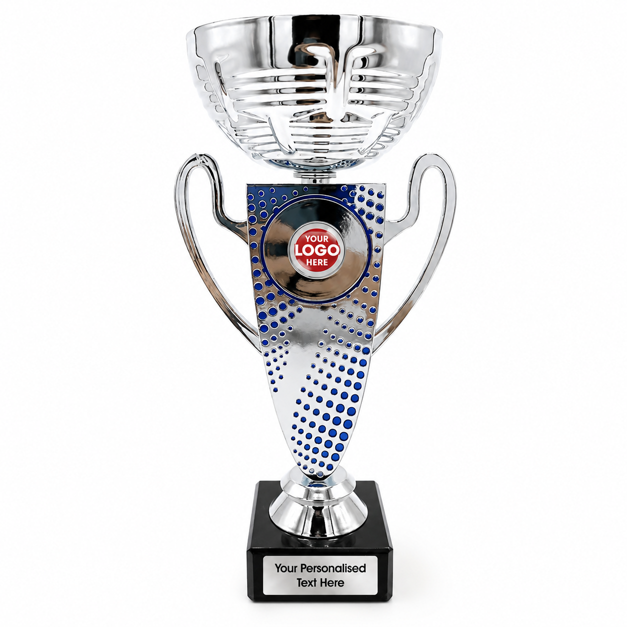 Silver Cup Trophy with Decorative Trim and Embossed Blue Dots