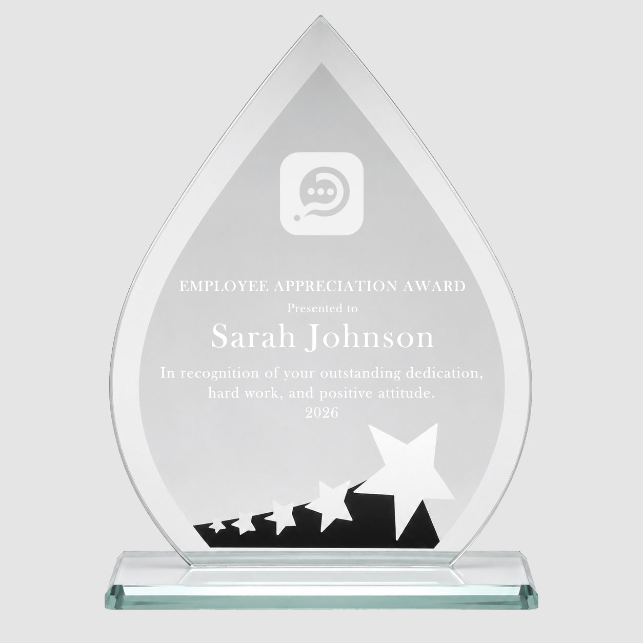 Lasered Teardrop Glass Trophy Award with Personalised Design