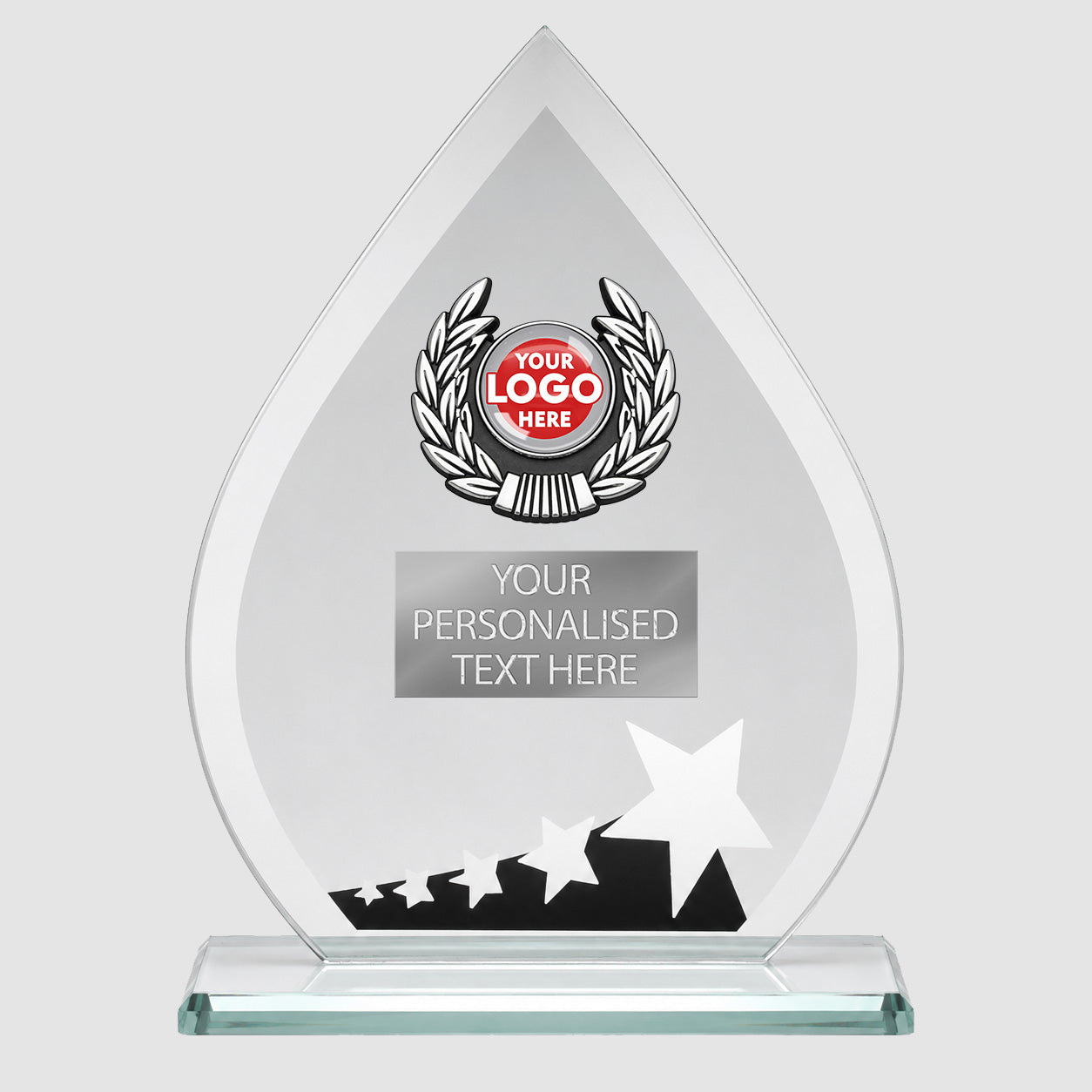 Teardrop Glass Trophy Award with Personalised Design ( JR17-TY166C Height 203mm)