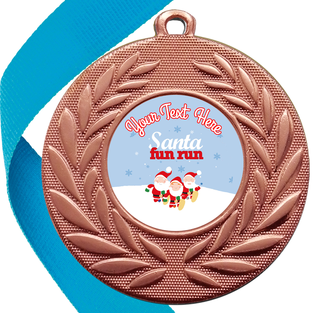 Santa Fun Run Wreath Medals Snow Design Flat Centres BW Trophies