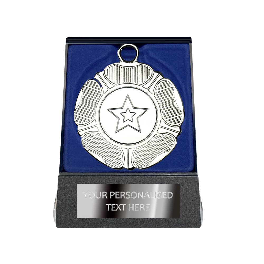 Multi-choice Medal in Blue Flipover Box with Engraved Metal Plate BW Trophies