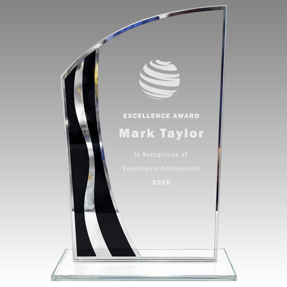 Modern Lasered Trophy with Black and Silver Wave Design (T3031/2/3) BW Trophies