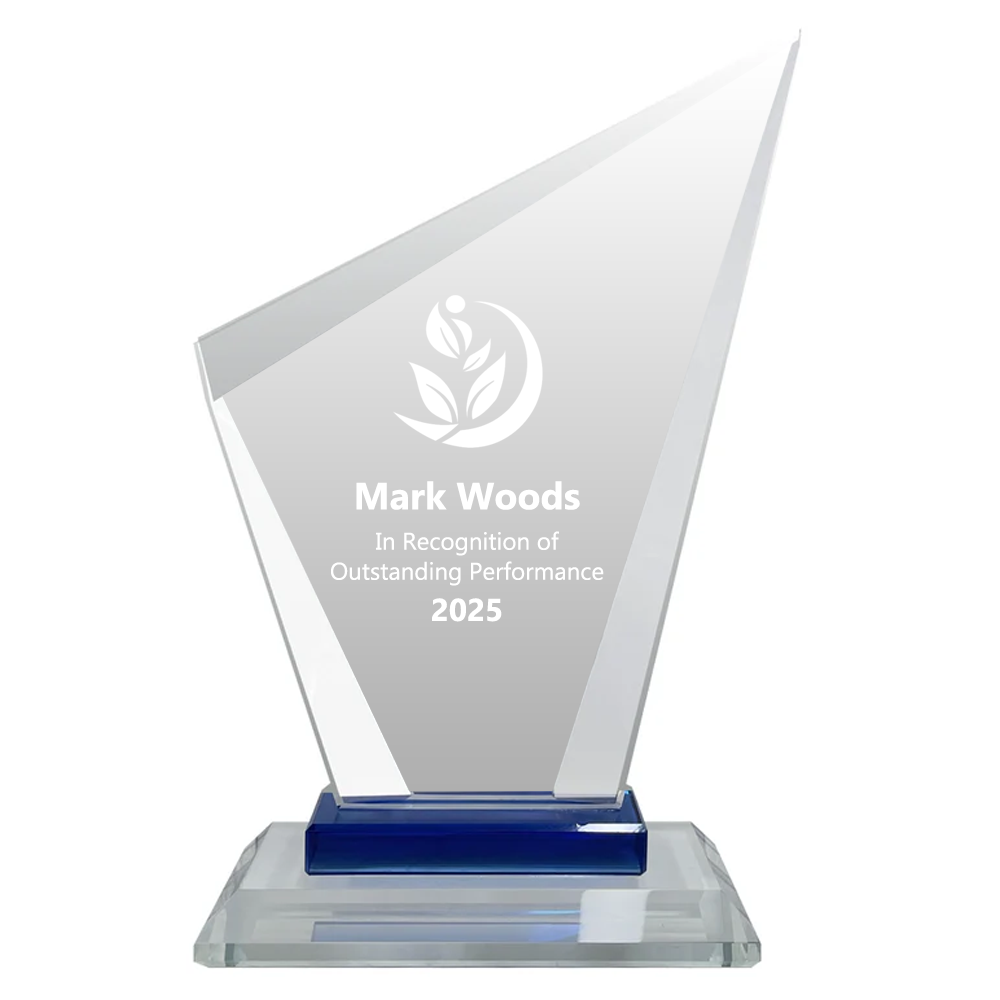 Bevelled Lasered Glass Trophy with Blue Element (T3728) BW Trophies