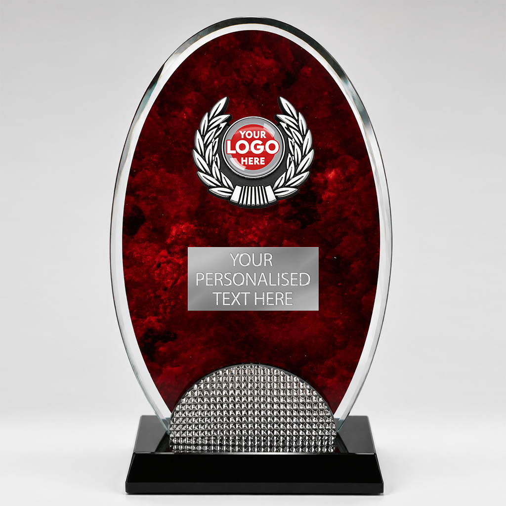 Elegant Oval Glass Award in Burgundy with Ink Cloud Effect with Trim