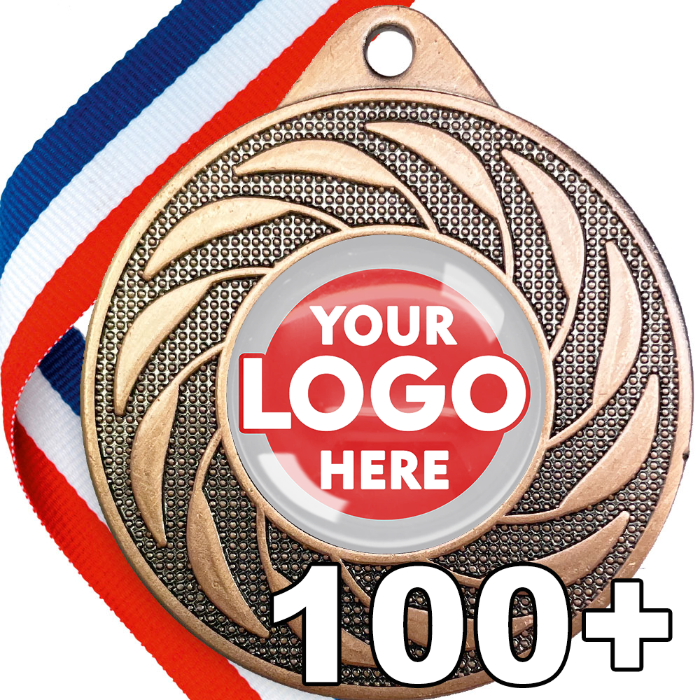 Spinner Design Medal with Logo Sticker + Gel Dome - MINIMUM ORDER 100 BW Trophies
