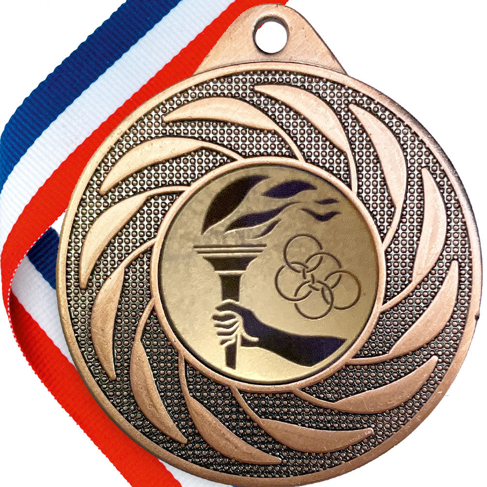 Spinner Design Medal with Victory Torch and Olympic Rings Centre BW Trophies