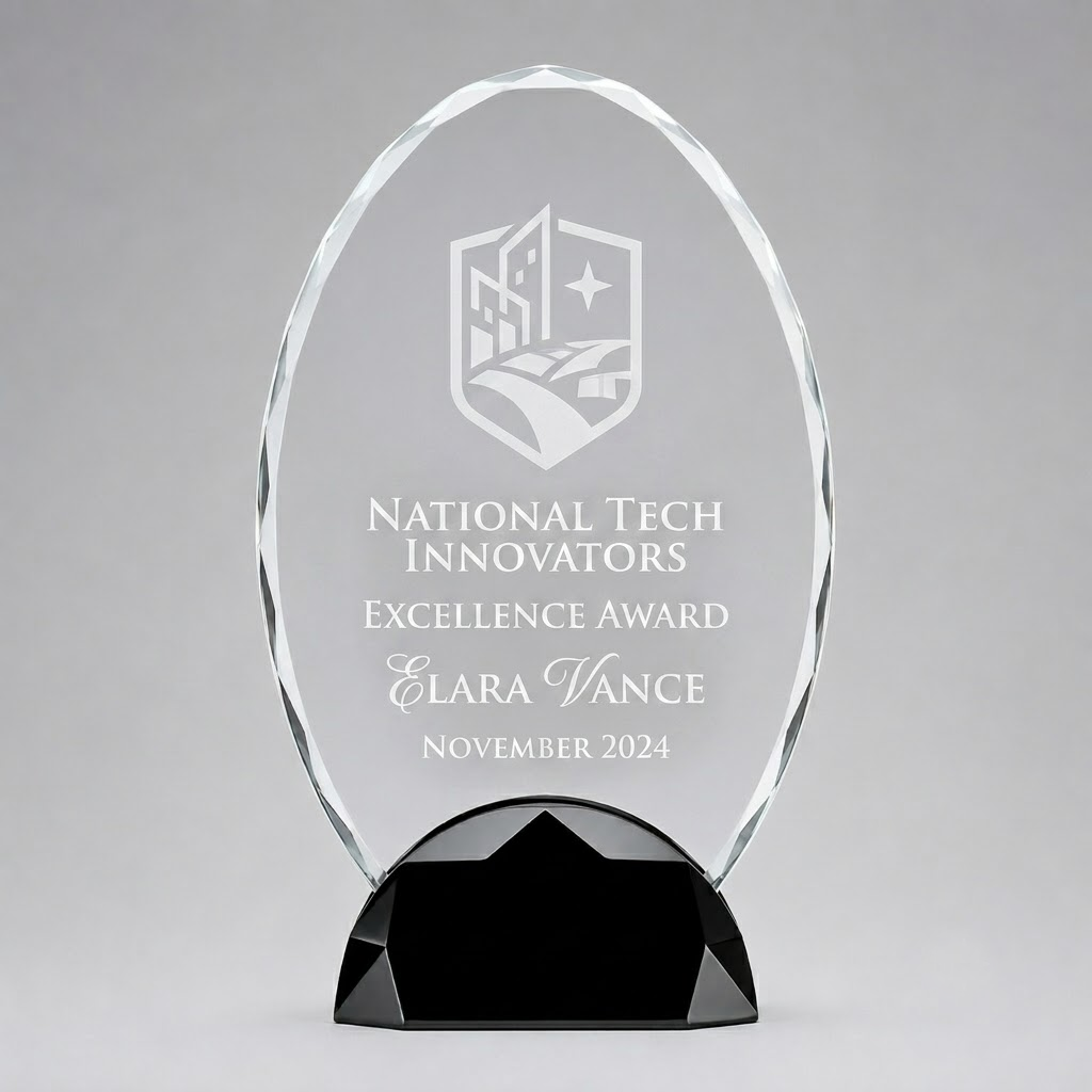 Lasered Crystal Oval Glass Award with Black Base