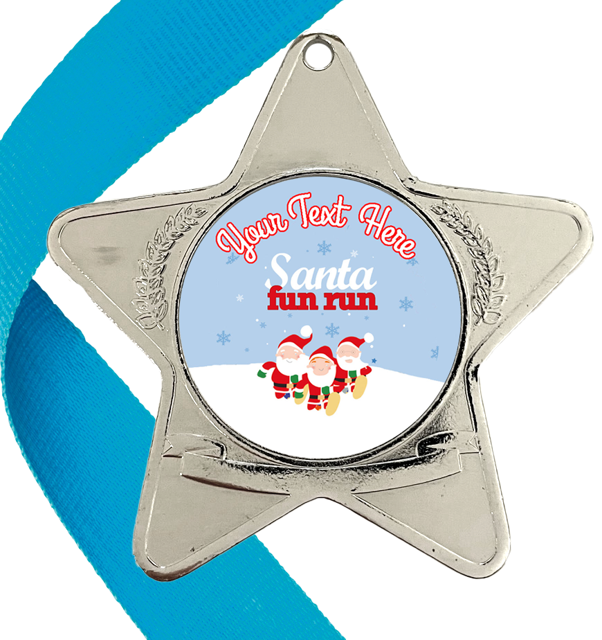 Santa Fun Run Star Medals Snow Design with Flat Centre BW Trophies