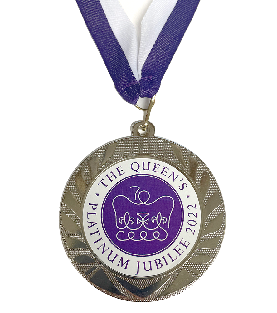 Large Queen's Platinum Jubilee Commemorative Silver 70mm Medal with Flat Centre and Purple and White Ribbon BW Trophies