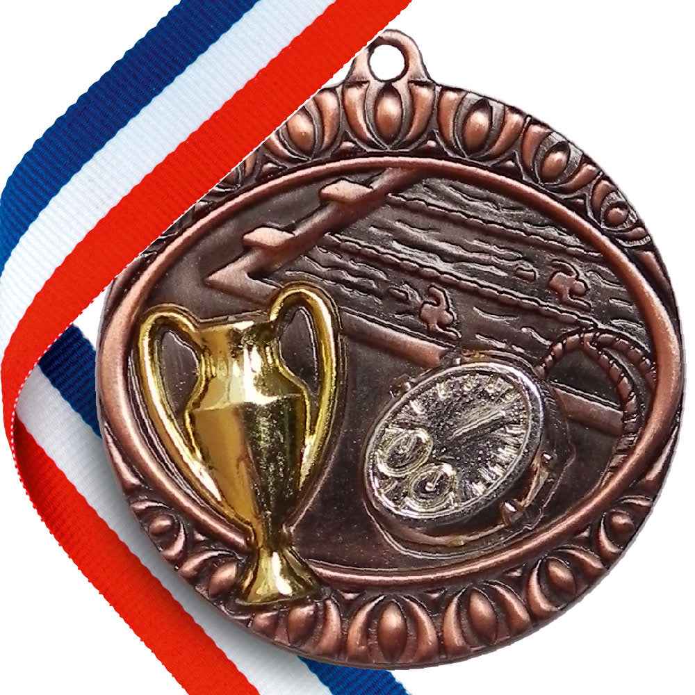 50mm Embossed Swimming Medal on Red, White & Blue Ribbon
