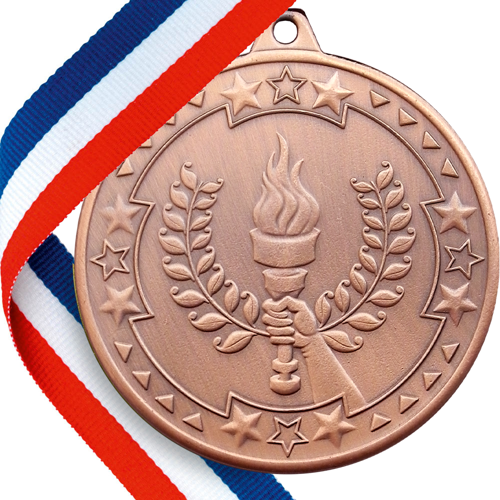 FREE SAMPLE 50mm Embossed Sports Day Torch Medal on a Ribbon BW Trophies