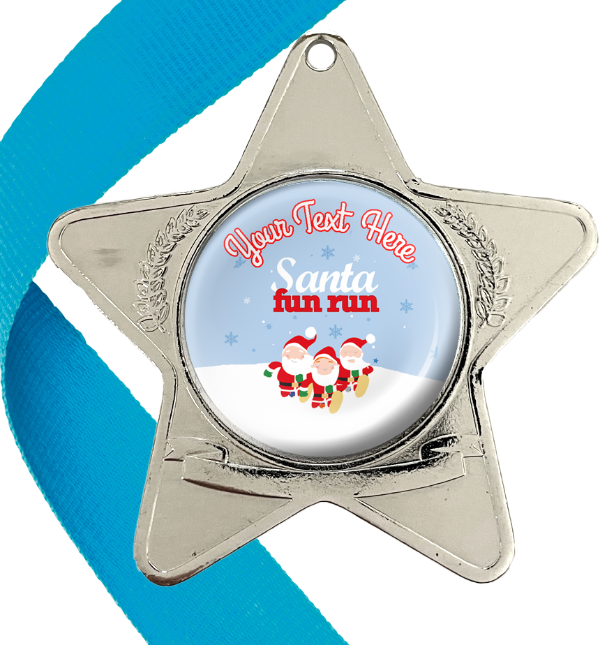 Santa Fun Run Star Medals Snow Design with Domed Centres BW Trophies