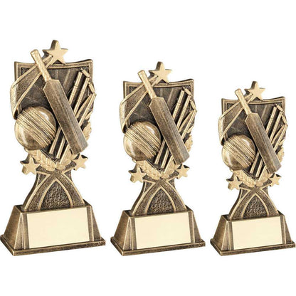 Personalised Antique Gold Cricket Bat, Ball and Wickets Trophy