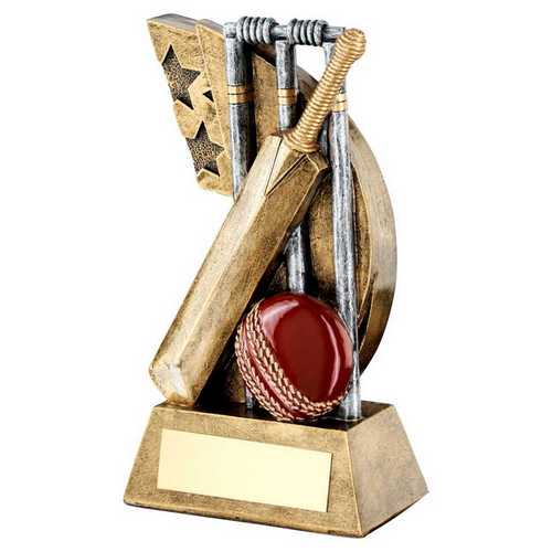 Personalised Cricket Bat, Ball and Wickets Star Swoosh Trophy