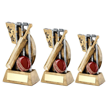 Personalised Cricket Bat, Ball and Wickets Star Swoosh Trophy
