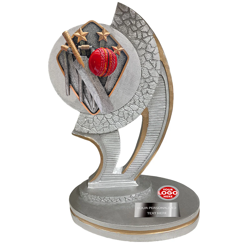 Silver Cricket Resin Trophy Award with Diamond-shaped Disc Option (1351-3)