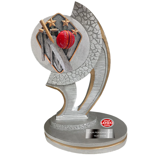 Silver Cricket Resin Trophy Award with Diamond-shaped Disc Option (1351-3)