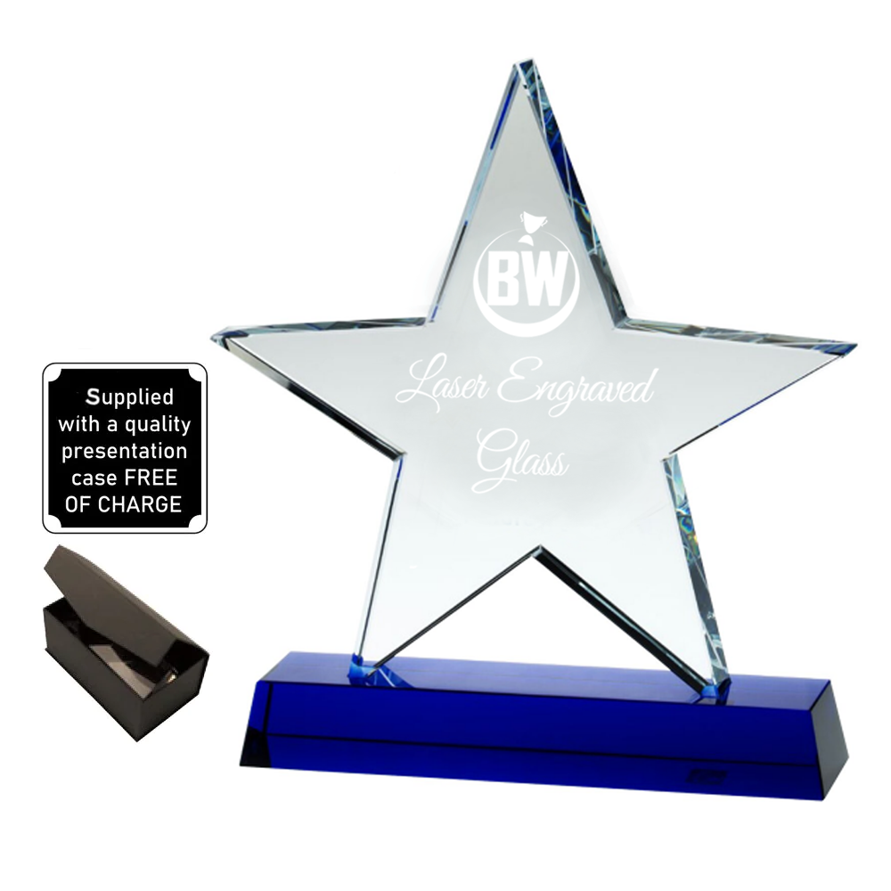 Stylish Lasered Star-shaped Glass Award on Blue Base (JB1400A/B/C)