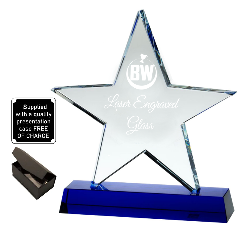 Stylish Lasered Star-shaped Glass Award on Blue Base (JB1400A/B/C)