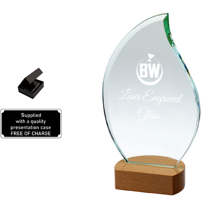 Stylish Flame-shaped Lasered Jade Glass on Wooden Base (GW01A/B/C) BW Trophies