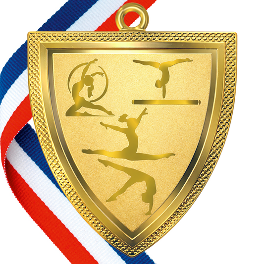 Shield Shaped Gymnastics Medal on a Ribbon in Gold/Silver/Bronze