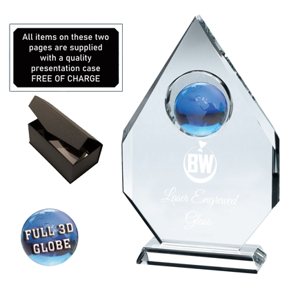 Premiere Lasered Glass Award with 3D Blue Globe (JB2050A/B/C)
