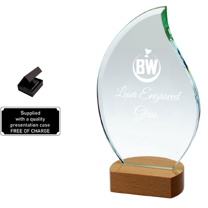 Stylish Flame-shaped Lasered Jade Glass on Wooden Base (GW01A/B/C) BW Trophies