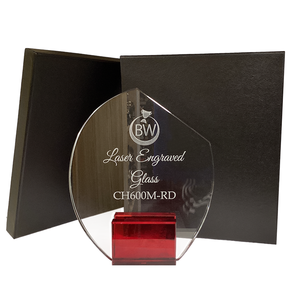 DP Luxurious Clear Lasered Glass Gift/Award on Red Stand (CH600M-RD) BW Trophies