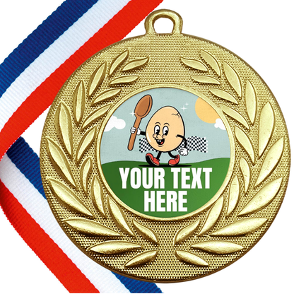 Set of Personalised Egg & Spoon Race Wreath Medals On Ribbons BW Trophies