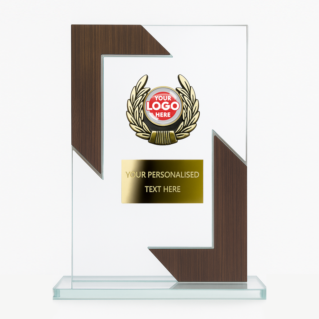 CC - Rectangular Glass Award with Wood-Effect Corner Panels (GP217) BW Trophies