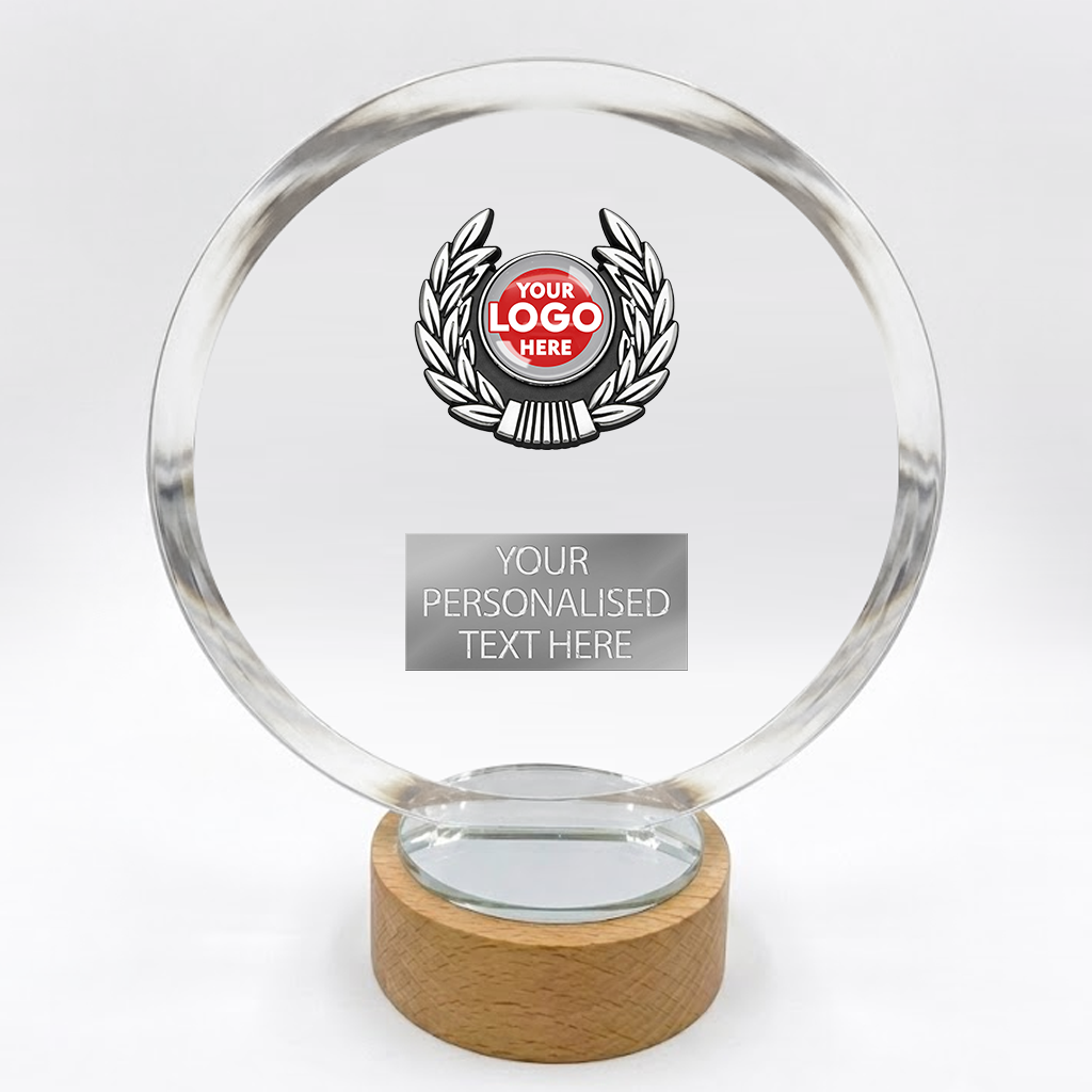 Circular Glass Trophy Award with Wooden Base