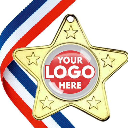 Glossy Gel Star Shaped Medal on a Ribbon with Domed Centre MINIMUM ORDER 100