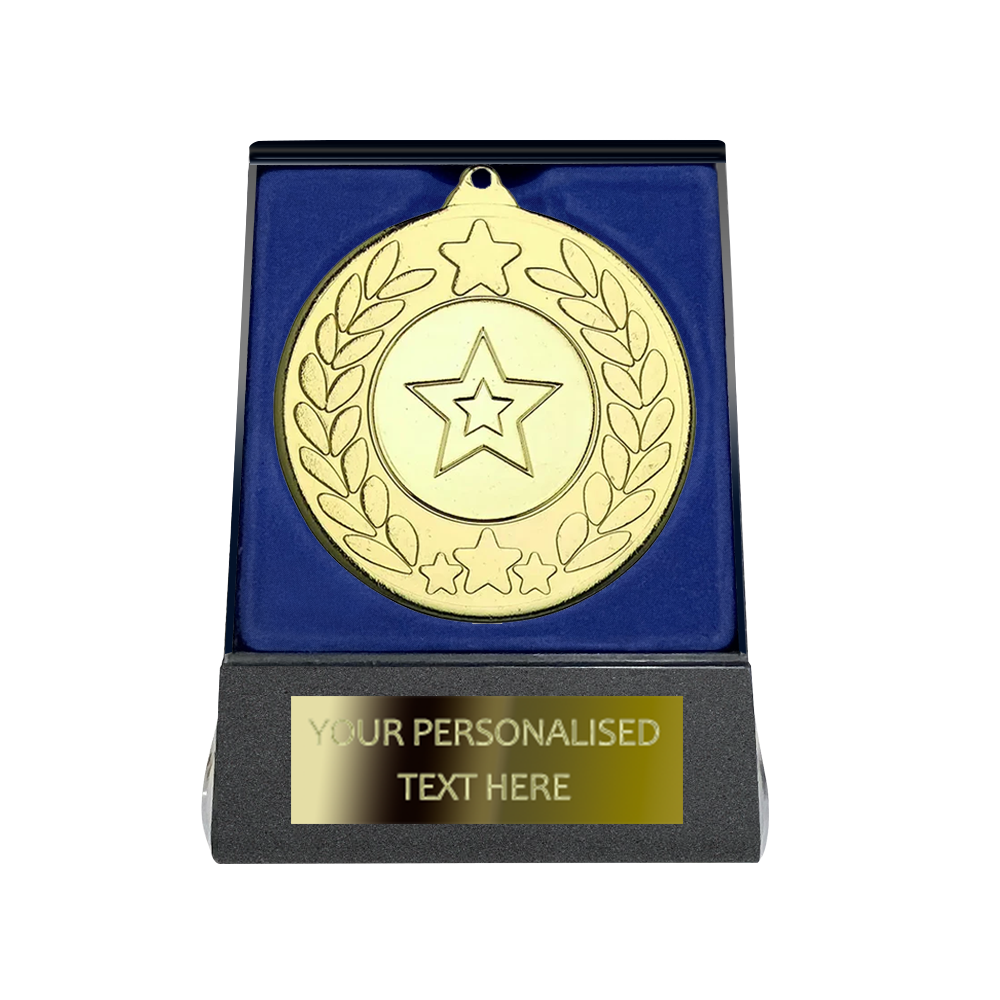 Multi-choice Medal in Blue Flipover Box with Engraved Metal Plate
