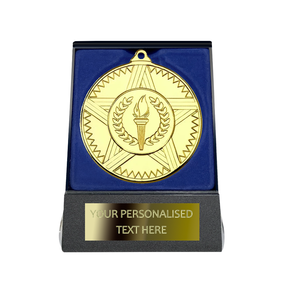 Multi-choice Medal in Blue Flipover Box with Engraved Metal Plate